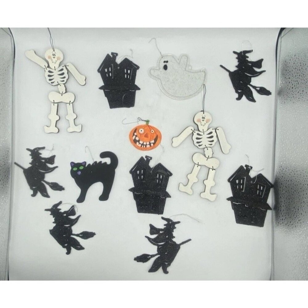 Halloween Tree Ornament Lot of 12 Witch Pumpkin Cat Skeleton Haunted House Decor